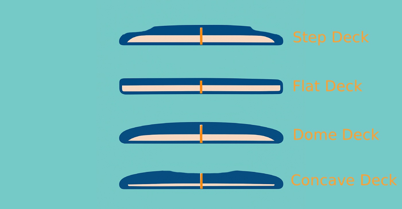 Illustration verschiedener Surfboard Decks im Querschnitt.