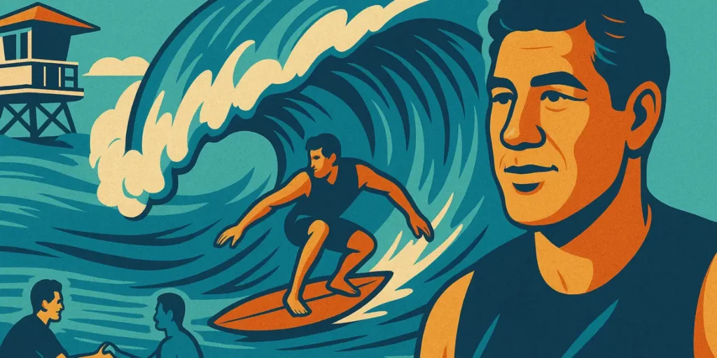 Illustration of Eddie Aikau, a lifeguard tower, and a paddle-out, in memory of surfing legend Eddie.