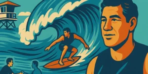 Illustration von Eddie Aikau, einen Rettungsschwimmer-Turm und einen Paddle-Out, in Gedenken an die Surflegende Eddie.