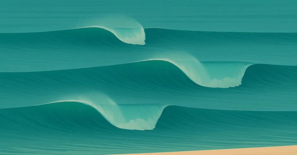 Illustration einer Dünung mit langer Wellenperiode, brechenden Wellen und leichten Spray.